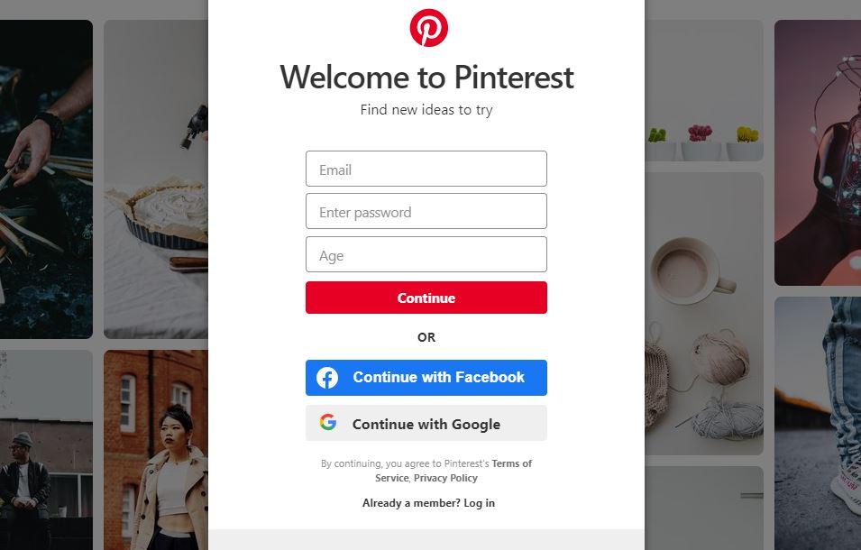Screenshot of Pinterest log-in page
