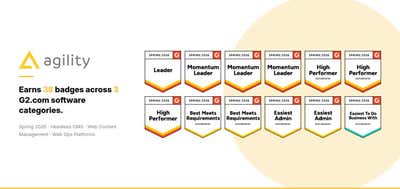 Agility CMS Named Headless CMS Leader and Earns 38 Badges in G2 Spring 2026 Reports