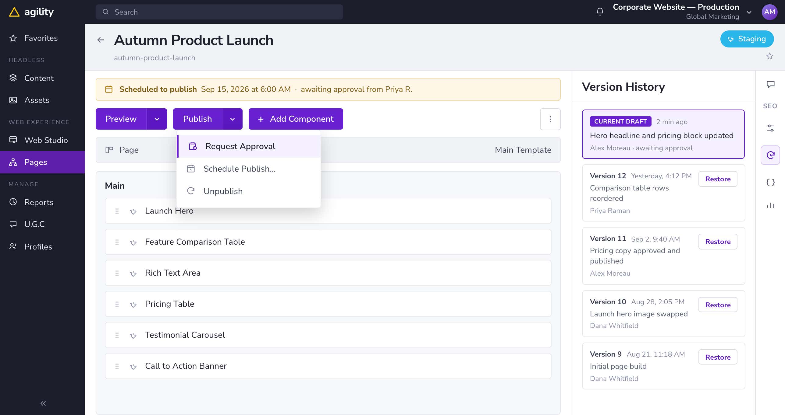 Approval workflow and scheduling screenshot