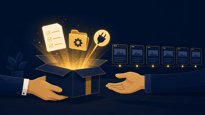 Two hands passing a glowing open box containing a checklist, a settings folder and a plug icon, with six website cards lined up on a timeline: the reusable package handed to the customer to run the remaining six migrations.
