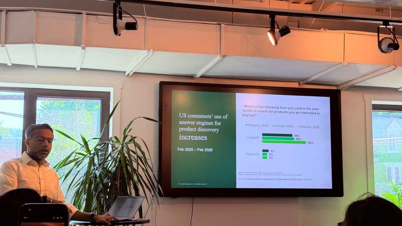 Forrester chart showing US consumers using ChatGPT for product discovery rising from 18% to 26% between February 2025 and February 2026