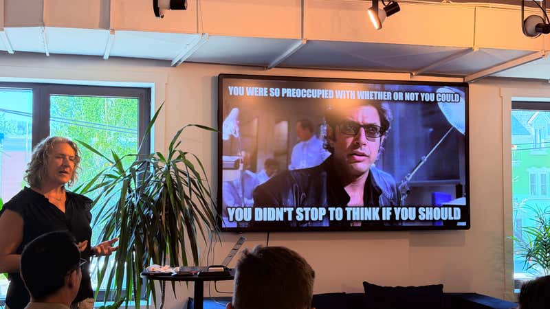 Jurassic Park meme slide reading You were so preoccupied with whether or not you could you did not stop to think if you should