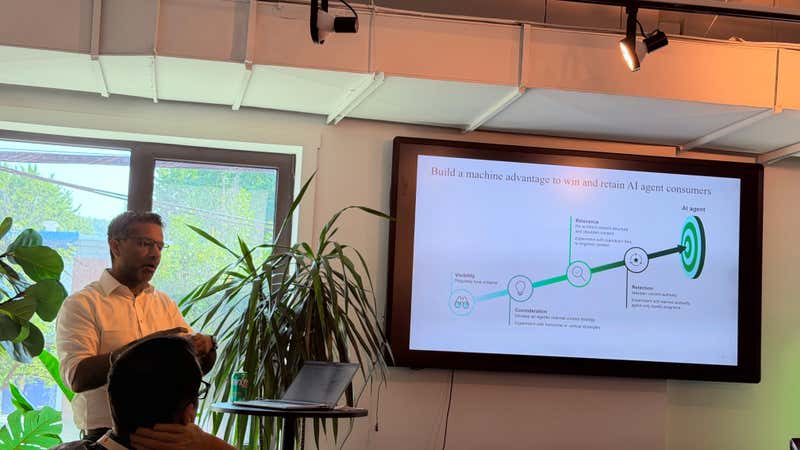 Forrester slide mapping a machine advantage funnel from visibility and consideration through relevance to retention of AI agent consumers