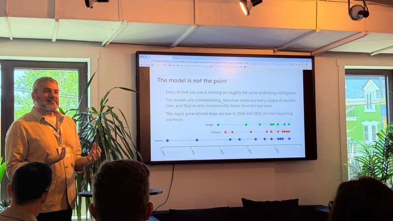 Slide titled The model is not the point showing a frontier model release timeline for Google, Anthropic and OpenAI from 2022 to 2026