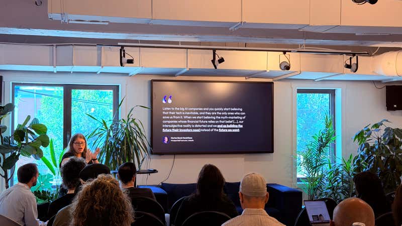Slide quoting Morten Rand-Hendriksen on myth-marketing and building the future AI investors need instead of the future we want