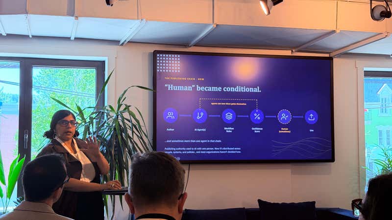 Slide mapping a publishing chain from author through AI agents, workflow rules and a confidence score to a sometimes-human approval step