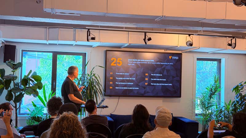 TYPO3 slide listing seven simultaneous shifts after 25 years inside one open source CMS and three hype cycles