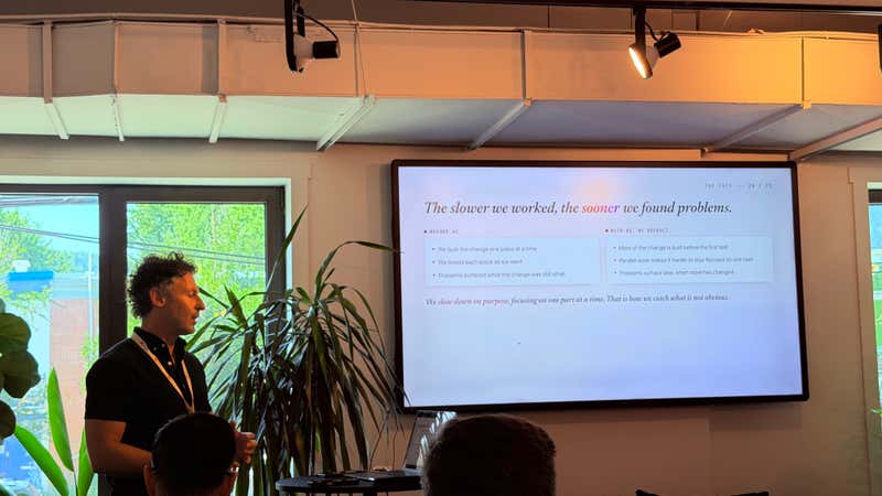 Slide contrasting incremental pre-AI development with AI-default parallel work, arguing that working slower surfaces problems sooner