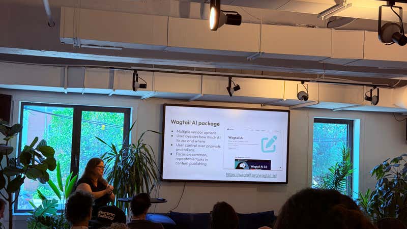 Slide describing the Wagtail AI package with multiple vendor options and user control over prompts and tokens