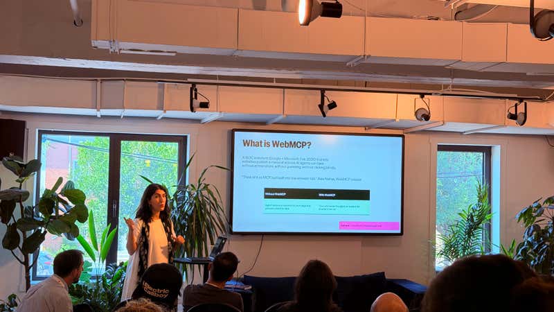 Slide explaining WebMCP as a W3C standard from Google and Microsoft that lets websites publish an explicit menu of actions for AI agents