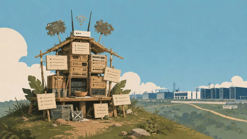 A makeshift shrine on a grassy hill, built from cardboard boxes mocked up to look like server racks, with paper signs scrawled in fake handwriting. In the distant background, a real modern data center sits cleanly on the horizon.