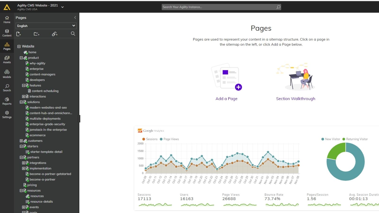 Pages section of Agility CMS