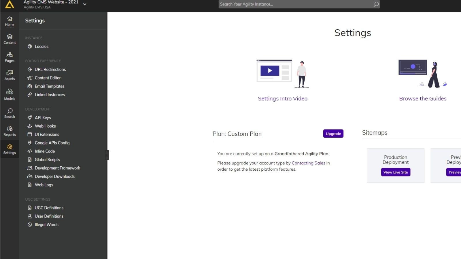 The settings section of Agility CMS