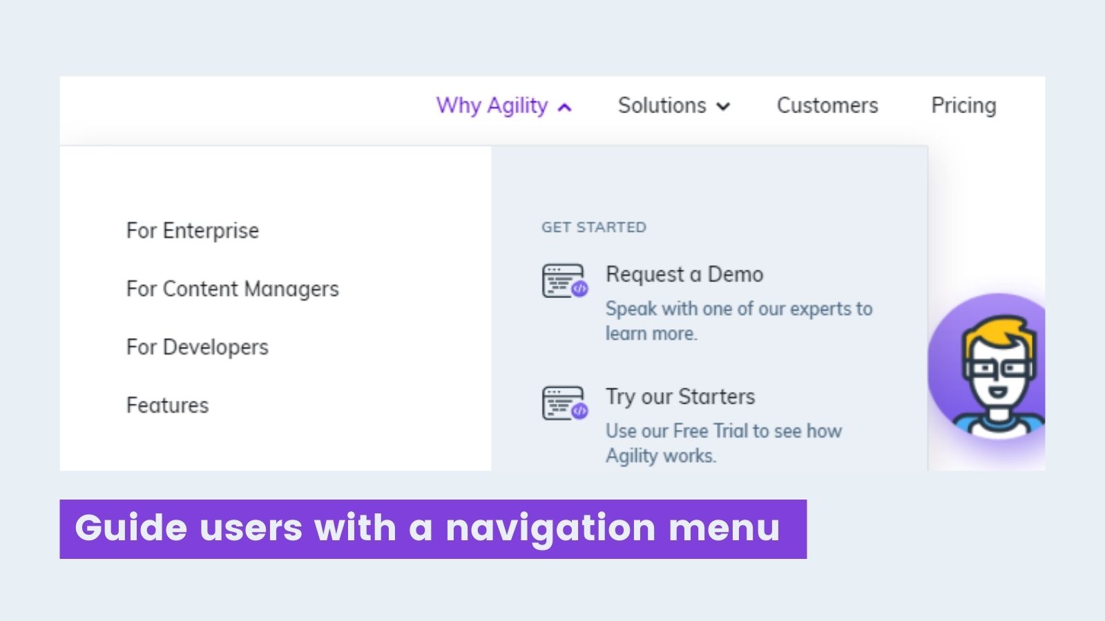 Agility CMS navigational menu screenshot 