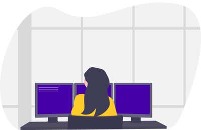 Illustration of woman at computer with three screens