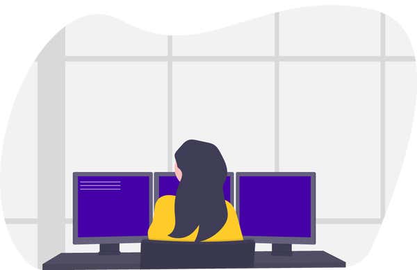 Illustration of woman at computer with three screens