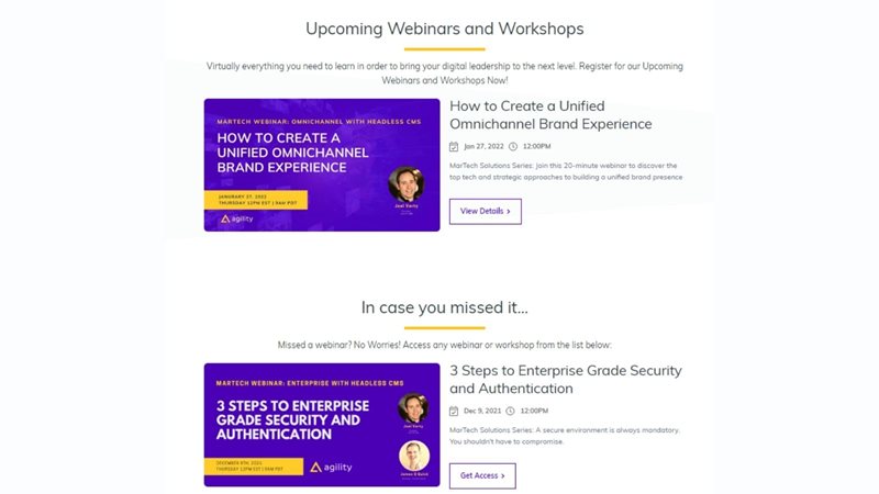 Upcoming and past Agility CMS webinars 
