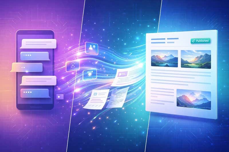 an illustration of taking something from ideas on a phone in AI to content on a website