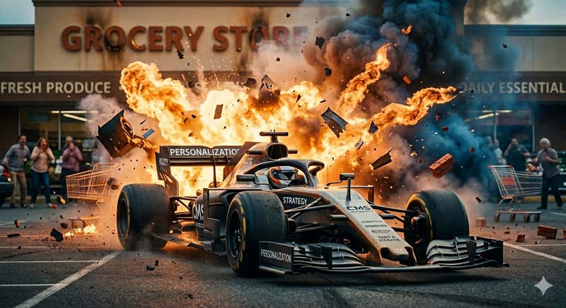 An F1 car at a grocery store