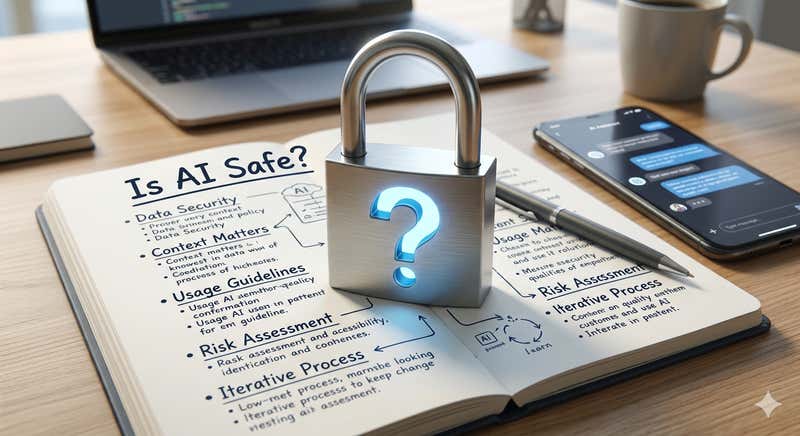 AI Generated Image: A log with a question mark on a notepad that says "Is AI Safe" with a smartphone beside it