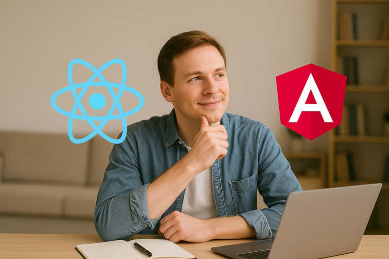 Man at laptop choosing between React and Angular in 2025