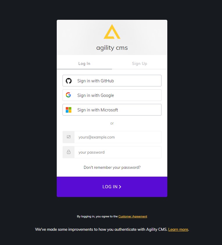 Single sign-on Agility CMS