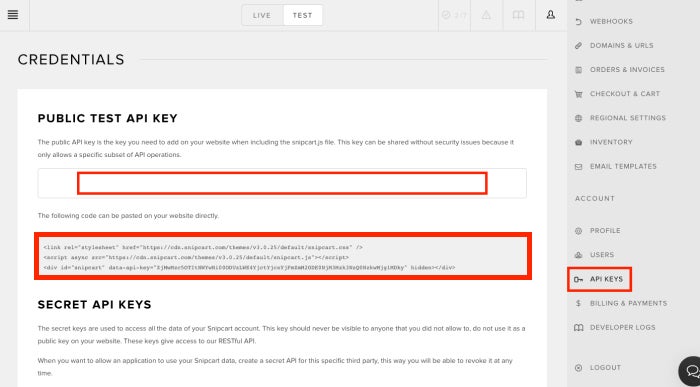 Snipcart API Keys + Code
