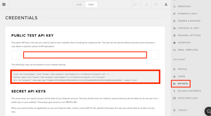 Snipcart API Keys + Code
