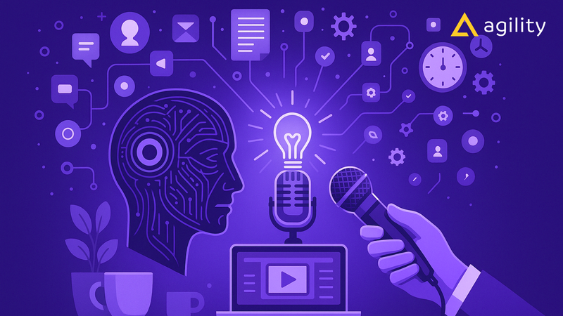 Graphical image of AI being interviewed by a reporter