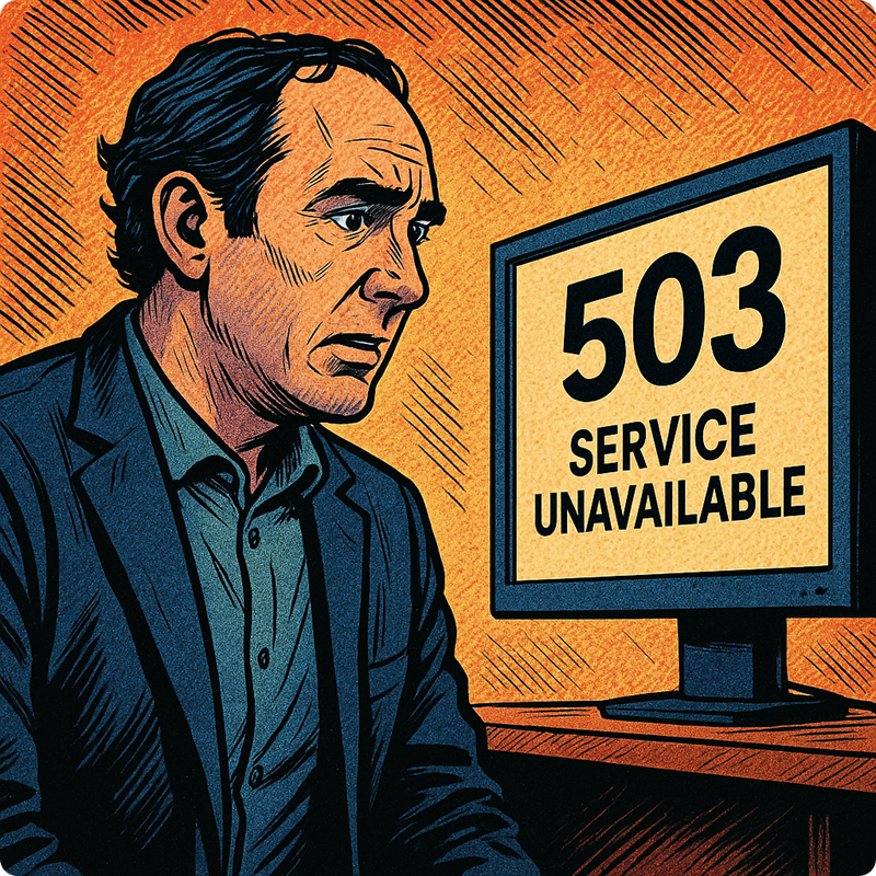Comic book style image of Joel Varty looking at at 503 error screen