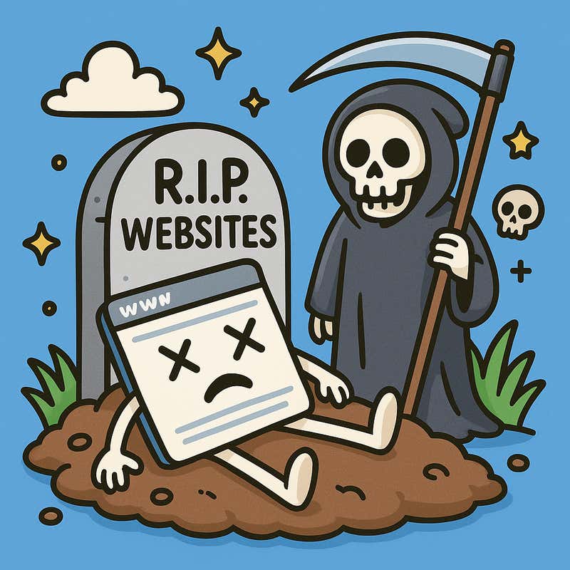 A cartoon of a skeleton lying on the ground with a scythe in front of a R.I.P. websites gravestone. , Picture