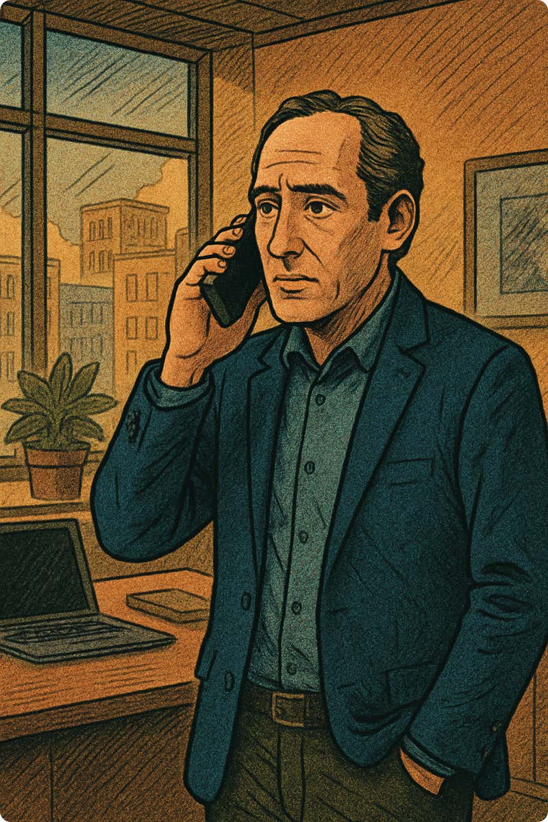 Comic book style image of Joel on the phone with a client
