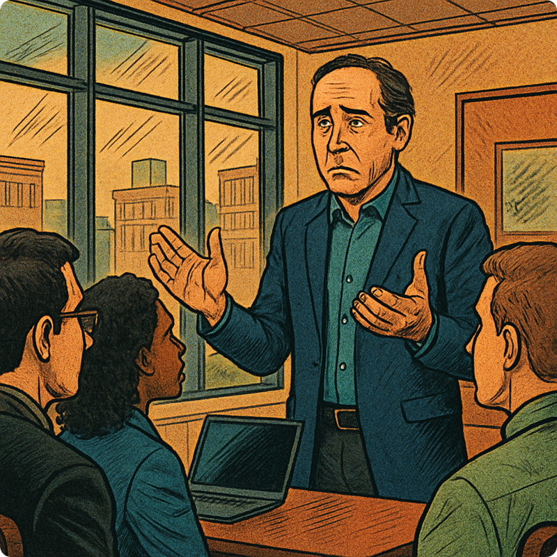 Comic book style image of Joel Varty speaking to colleagues