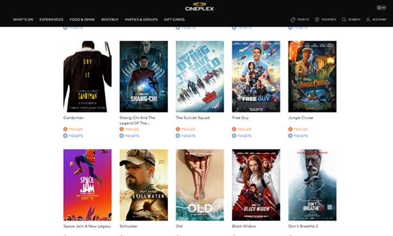 Screenshot of Cineplex's website