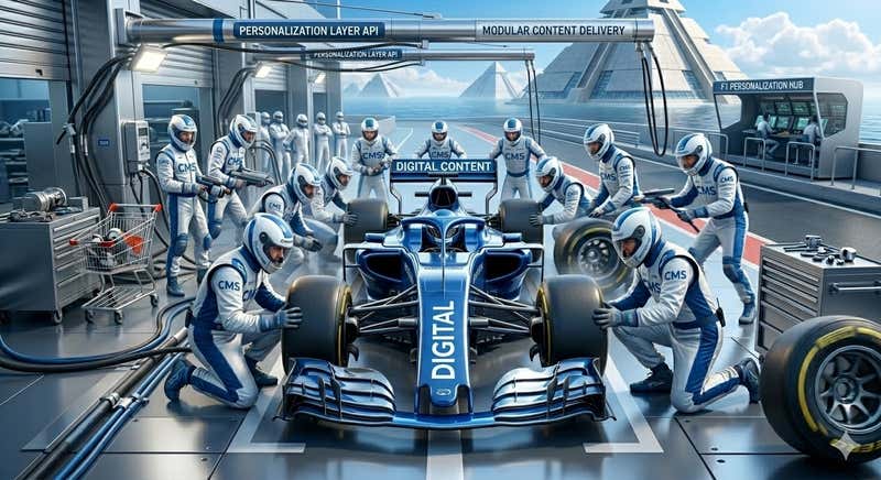 AI Image: pit stop where the CMS people are changing the tires on a digital content F1 car