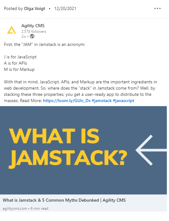 Jamstack LinkedIn post on agilitycms.com