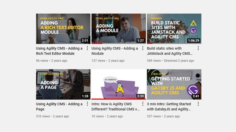 Agility CMS video guides on youtube