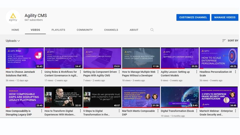 Agility CMS YouTube channel 