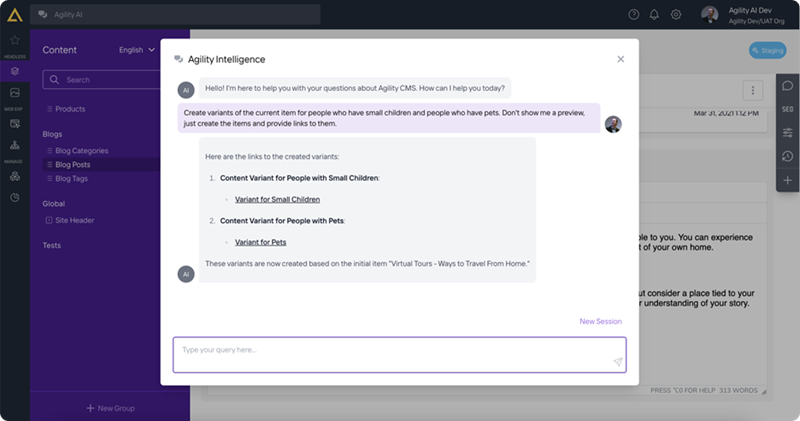 Creating content variants in Agility CMS