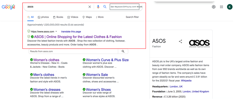 Example of how ASOS ranked on SERP on agilitycms.com